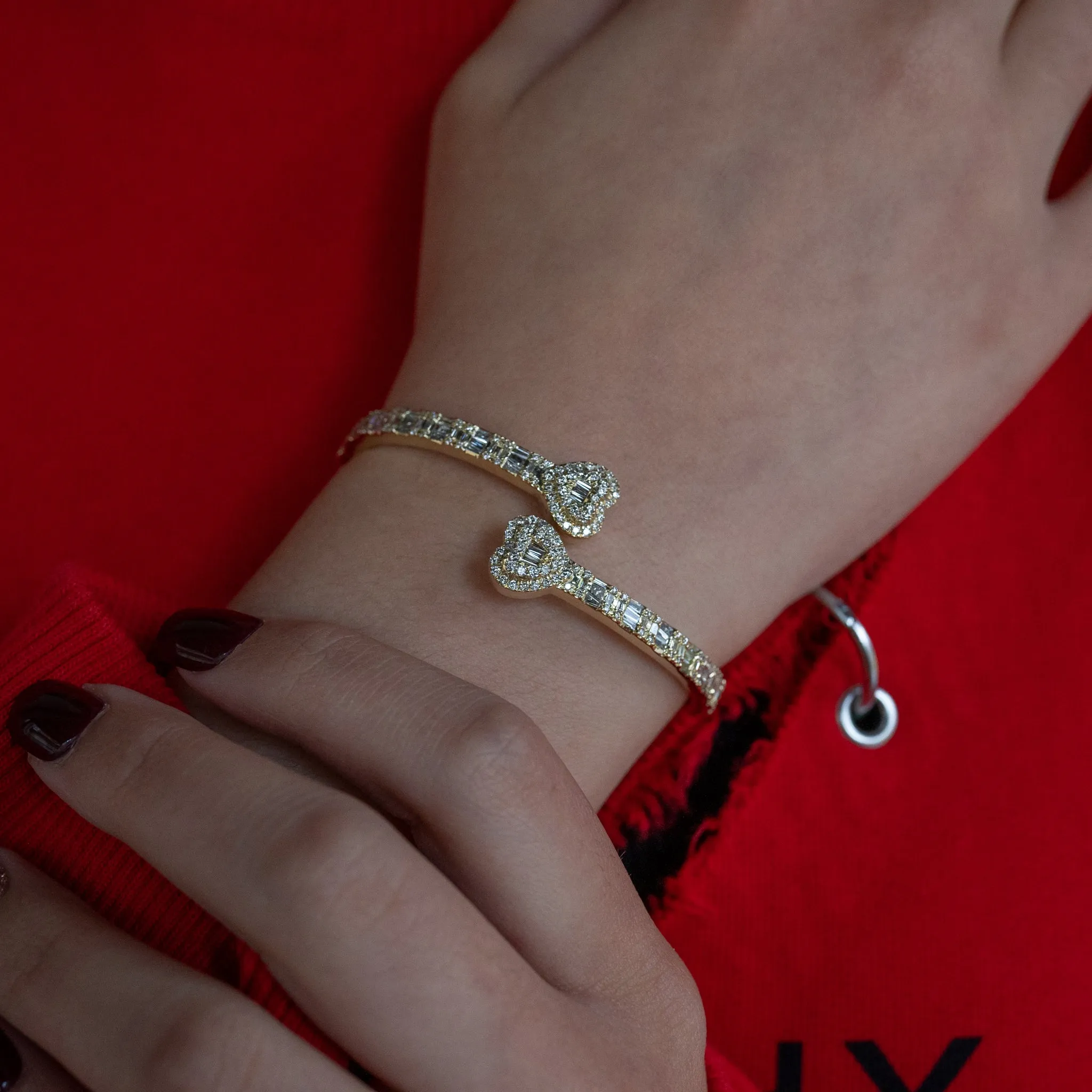 10k Rose Gold Diamond Baguette Heart Bangle 1.94 ctw
