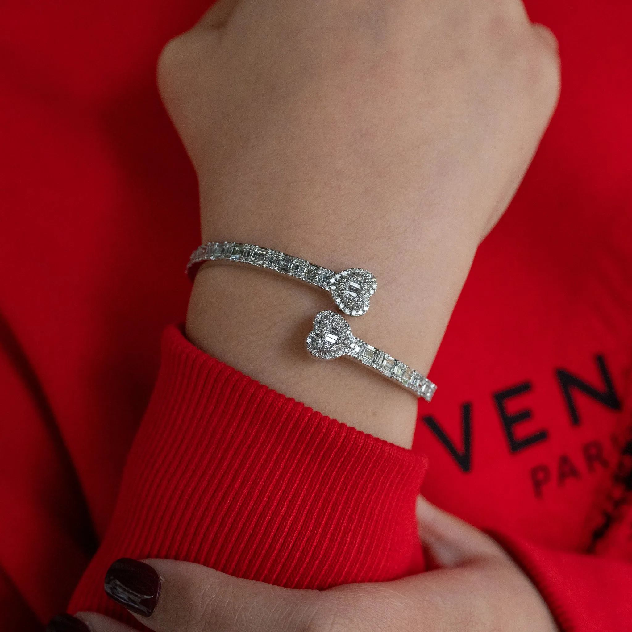 10k Rose Gold Diamond Baguette Heart Bangle 1.94 ctw