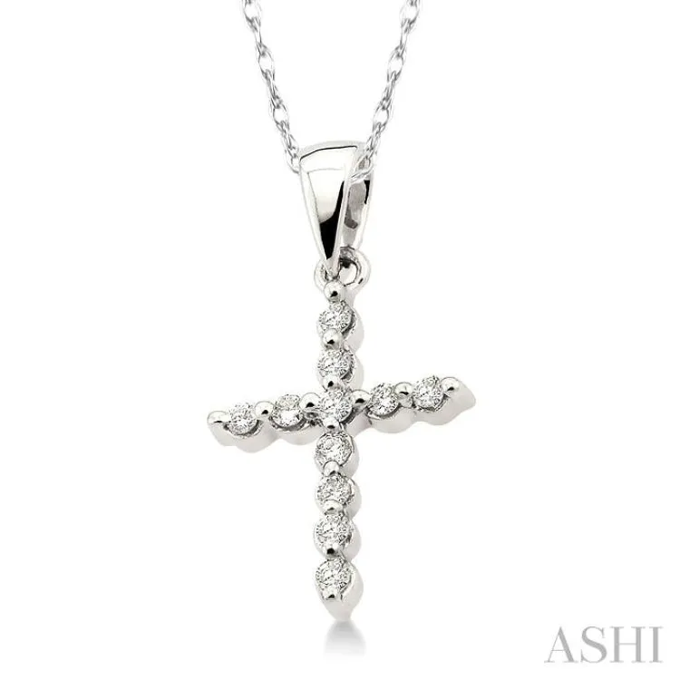 1/10 ctw Round Cut Diamond Cross Petite Pendant in 14K White Gold with Chain
