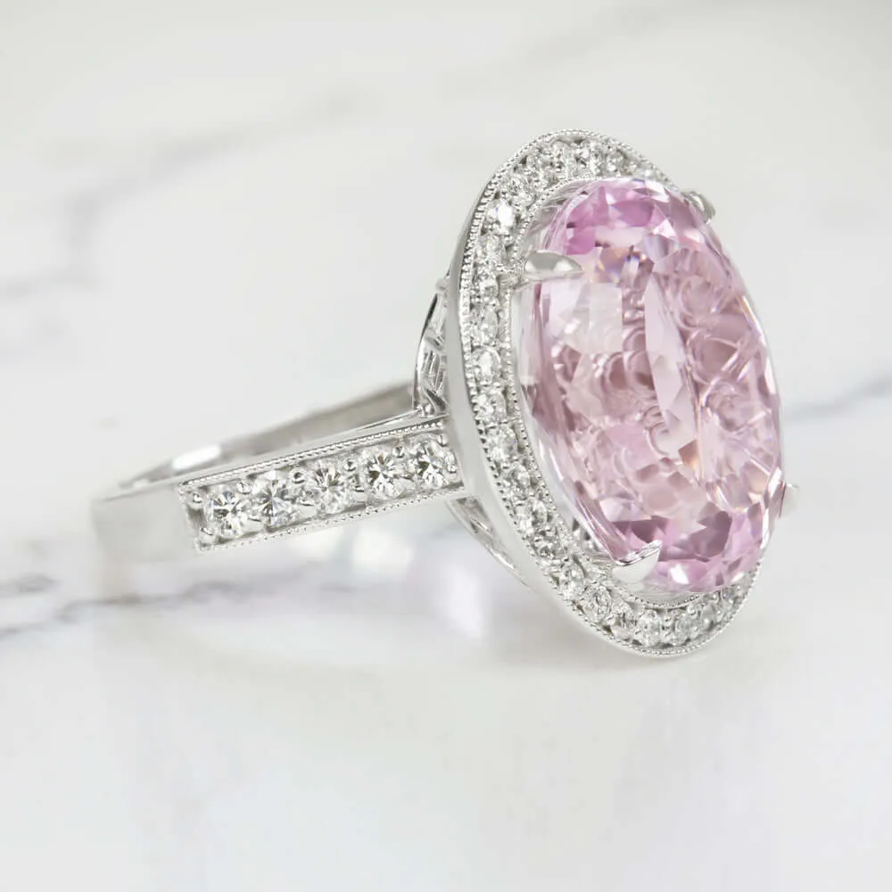 11.8ct KUNZITE DIAMOND COCKTAIL RING NATURAL BIG STATEMENT WHITE GOLD OVAL BIG