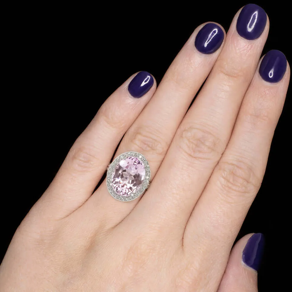 11.8ct KUNZITE DIAMOND COCKTAIL RING NATURAL BIG STATEMENT WHITE GOLD OVAL BIG