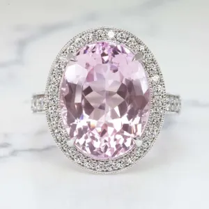 11.8ct KUNZITE DIAMOND COCKTAIL RING NATURAL BIG STATEMENT WHITE GOLD OVAL BIG