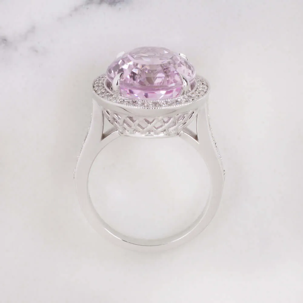 11.8ct KUNZITE DIAMOND COCKTAIL RING NATURAL BIG STATEMENT WHITE GOLD OVAL BIG