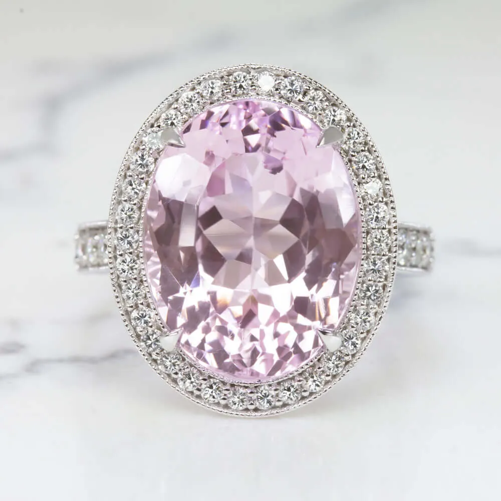 11.8ct KUNZITE DIAMOND COCKTAIL RING NATURAL BIG STATEMENT WHITE GOLD OVAL BIG