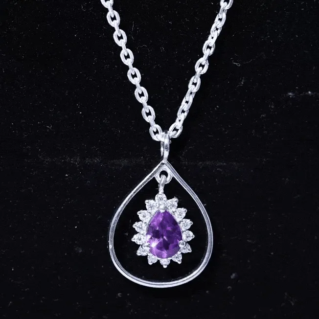 1.25 CT Natural Amethyst and Diamond Teardrop Pendant Necklace in Gold