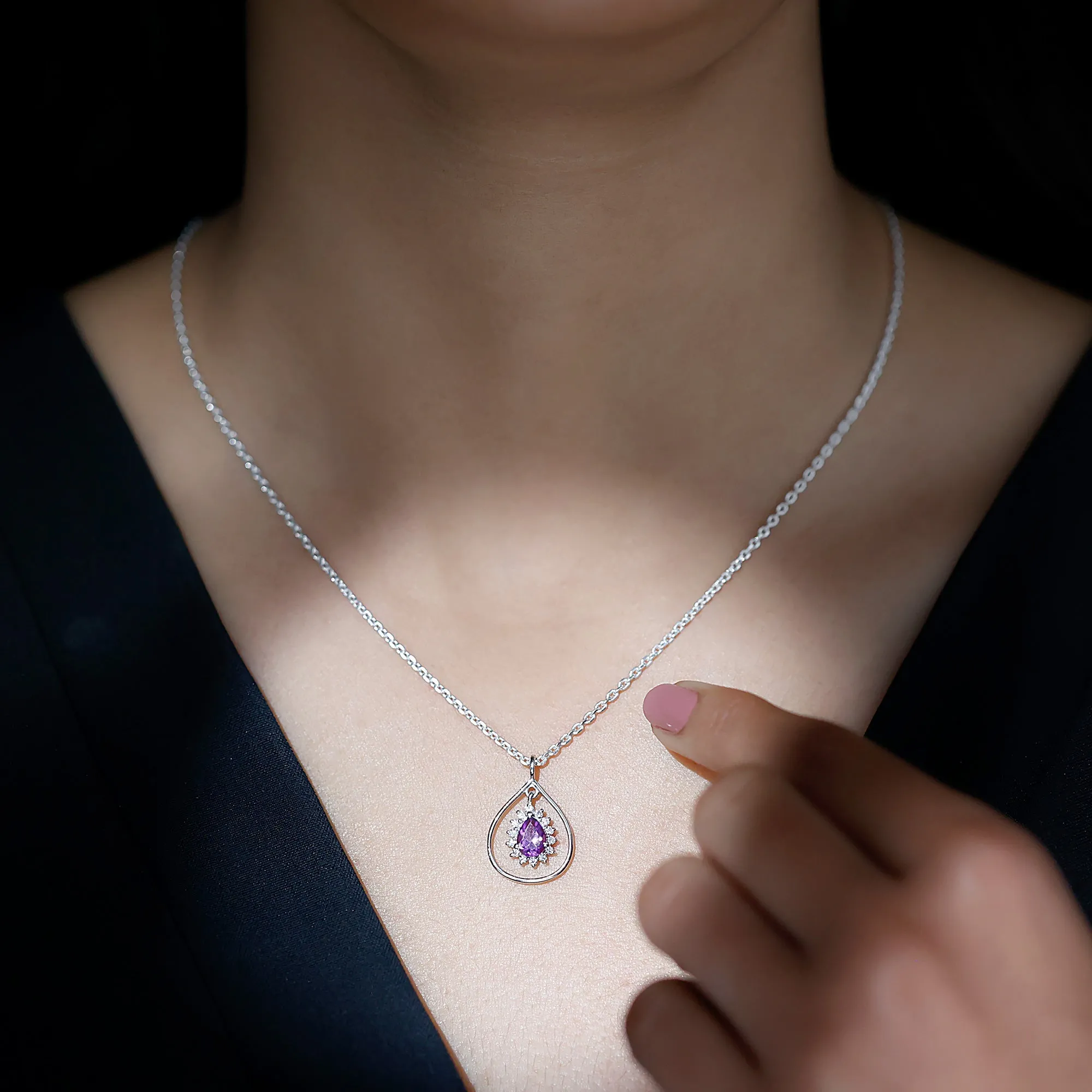 1.25 CT Natural Amethyst and Diamond Teardrop Pendant Necklace in Gold