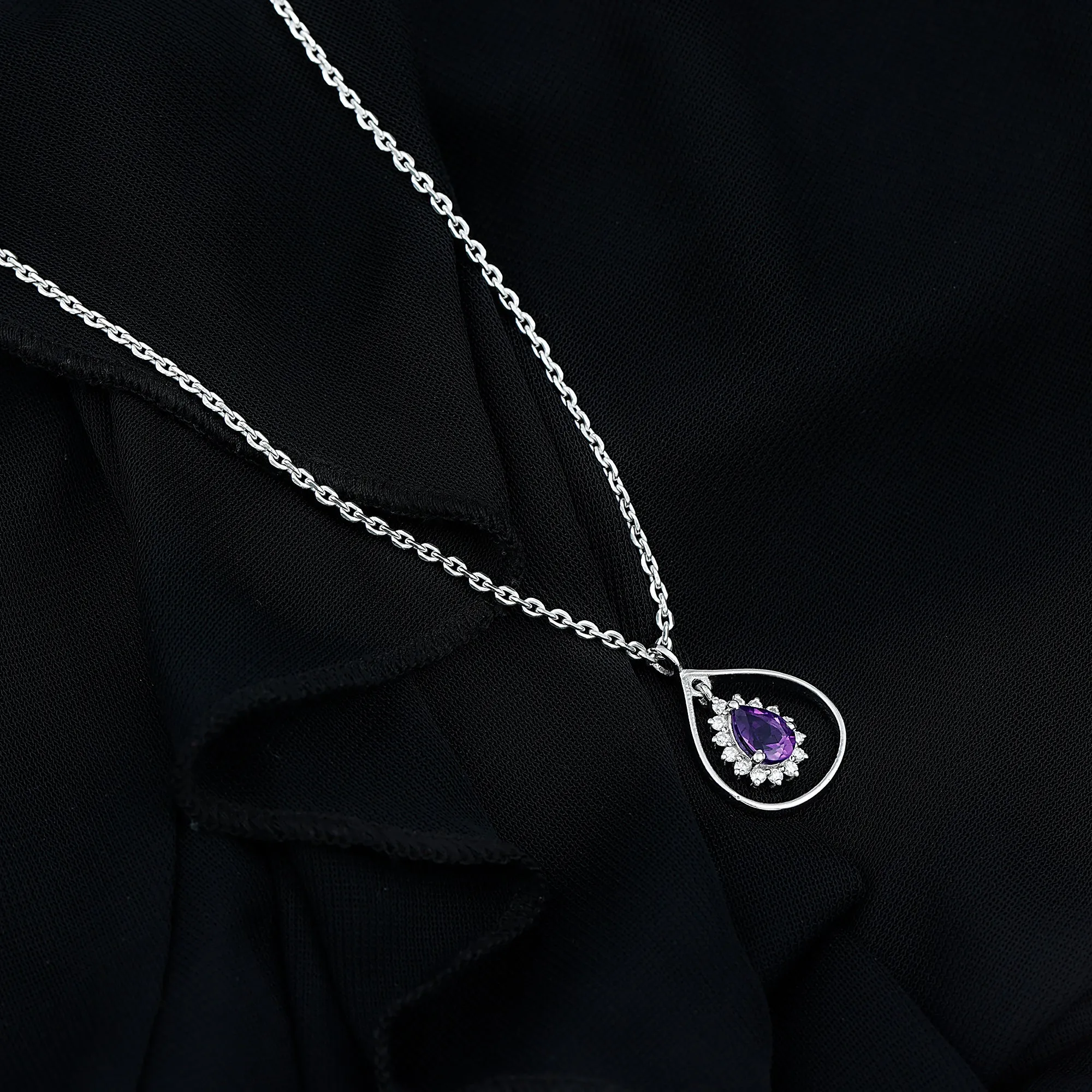 1.25 CT Natural Amethyst and Diamond Teardrop Pendant Necklace in Gold