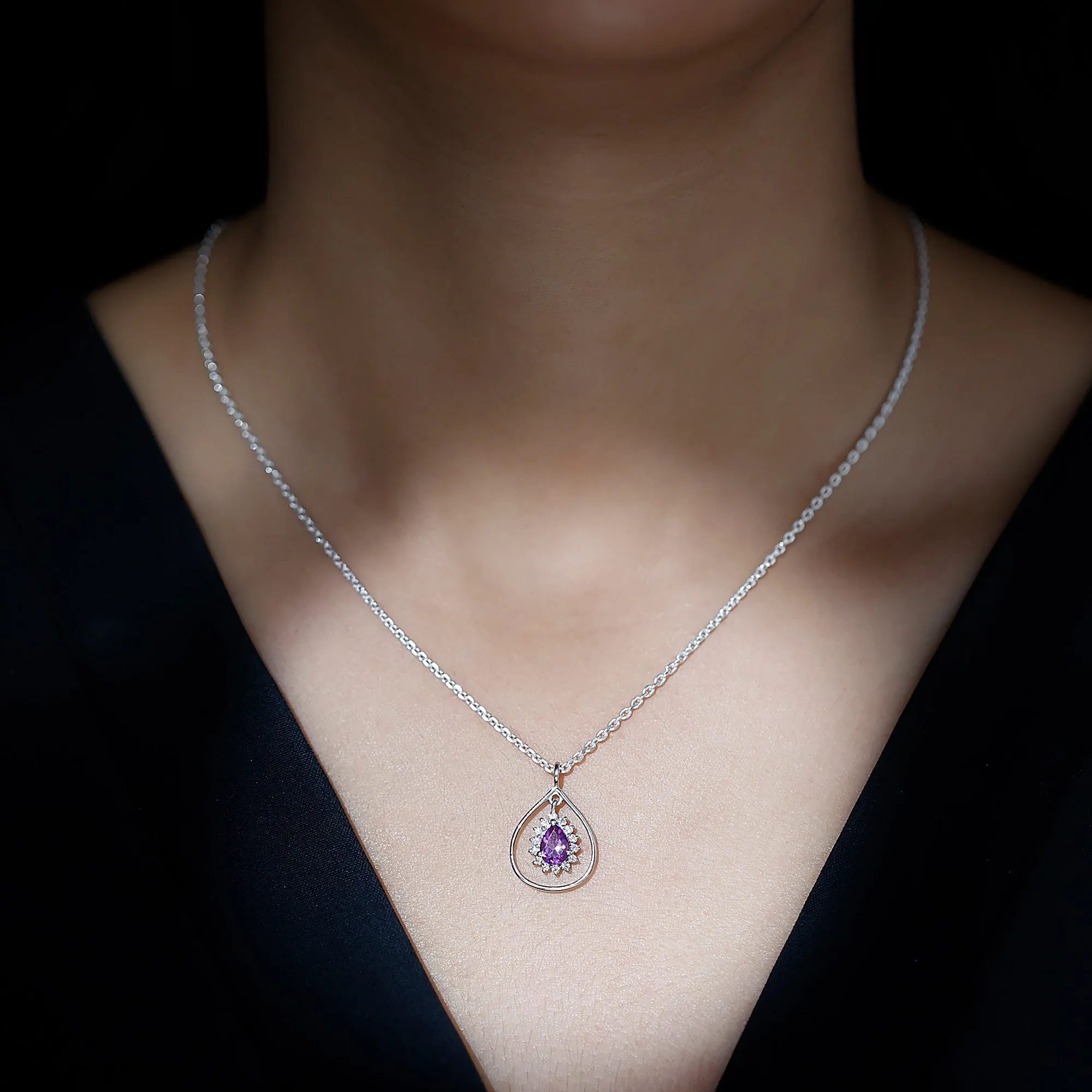 1.25 CT Natural Amethyst and Diamond Teardrop Pendant Necklace in Gold