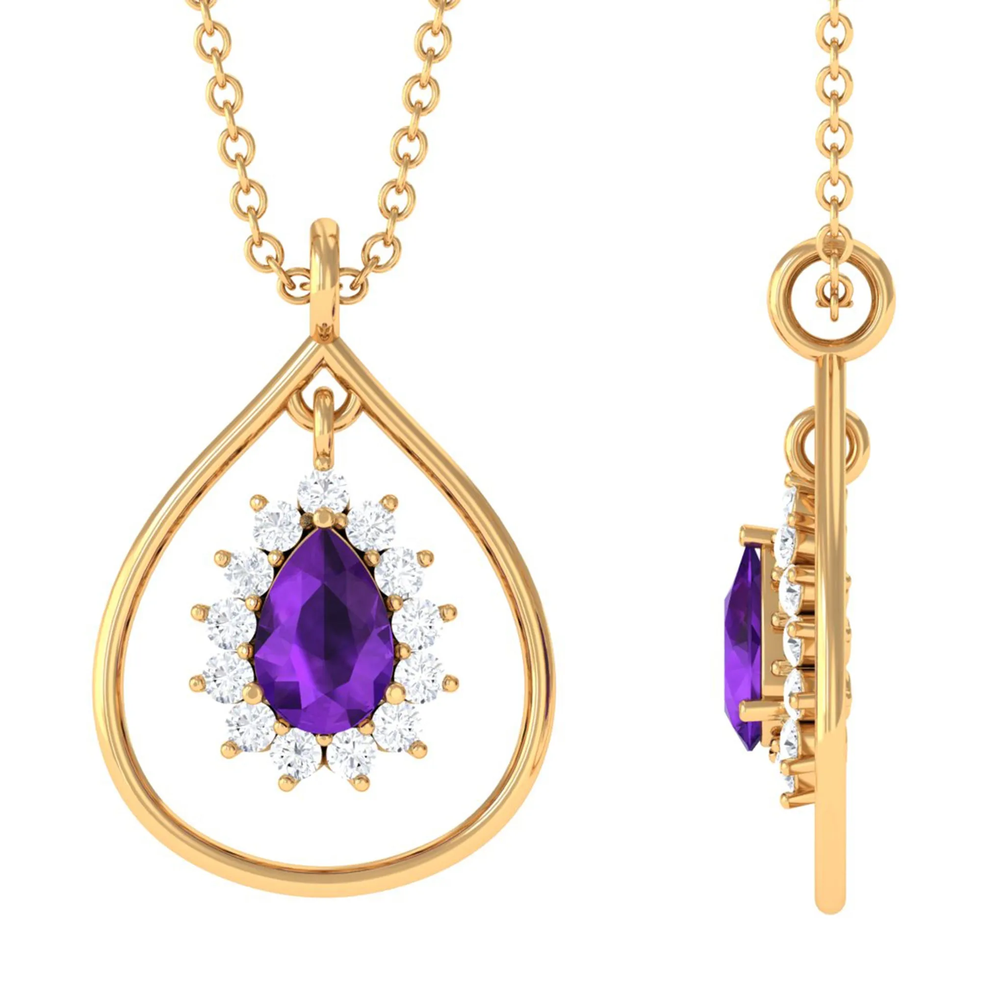 1.25 CT Natural Amethyst and Diamond Teardrop Pendant Necklace in Gold