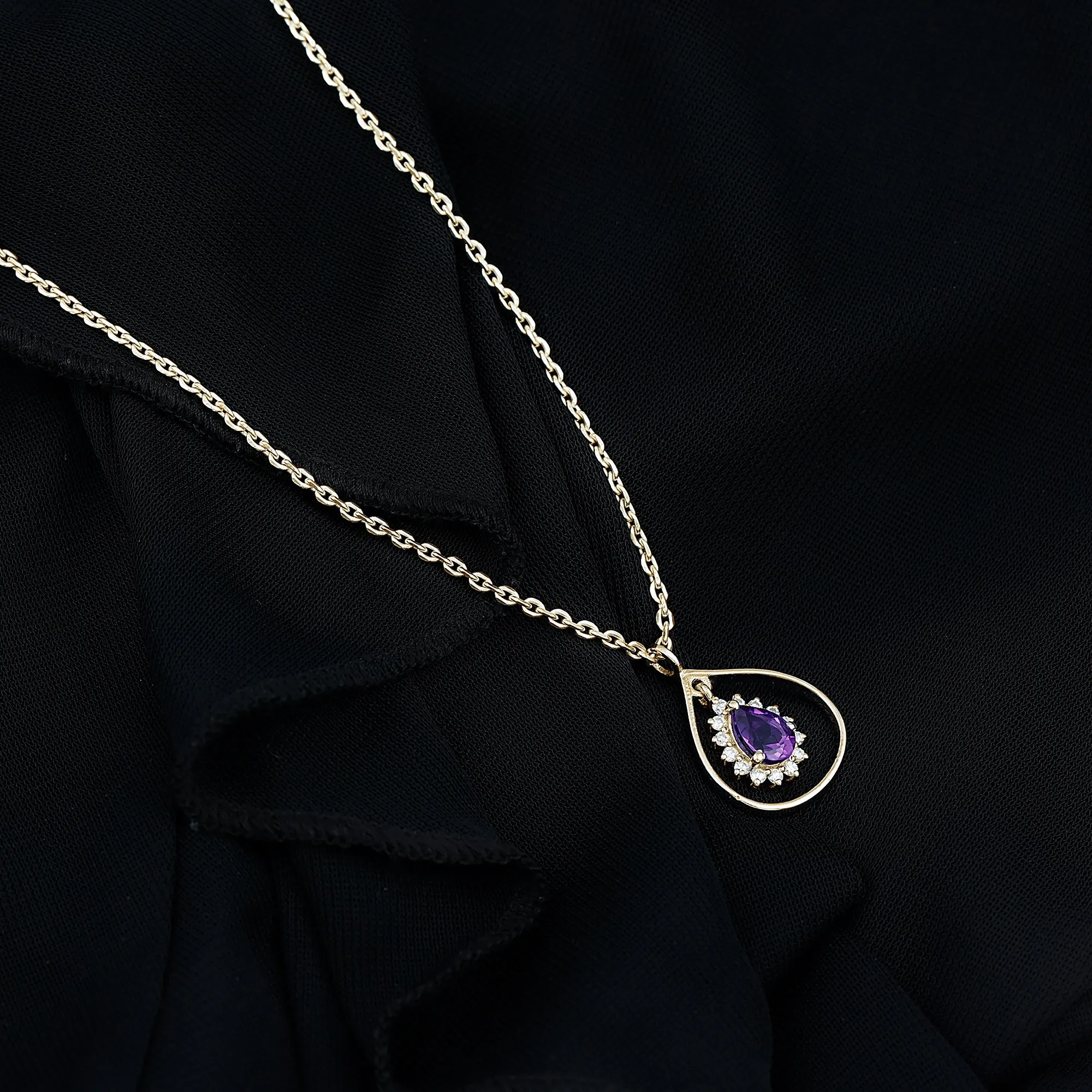1.25 CT Natural Amethyst and Diamond Teardrop Pendant Necklace in Gold