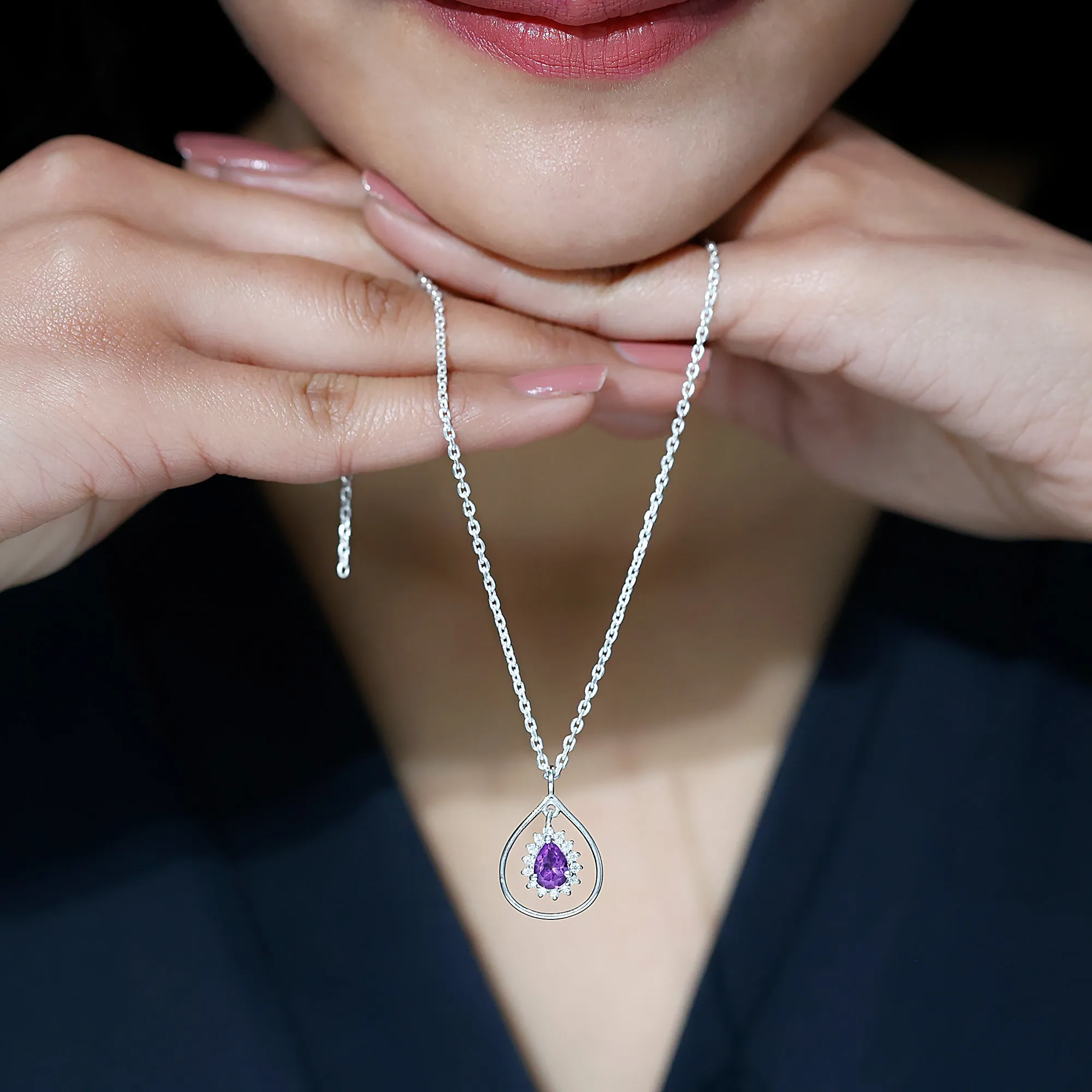 1.25 CT Natural Amethyst and Diamond Teardrop Pendant Necklace in Gold