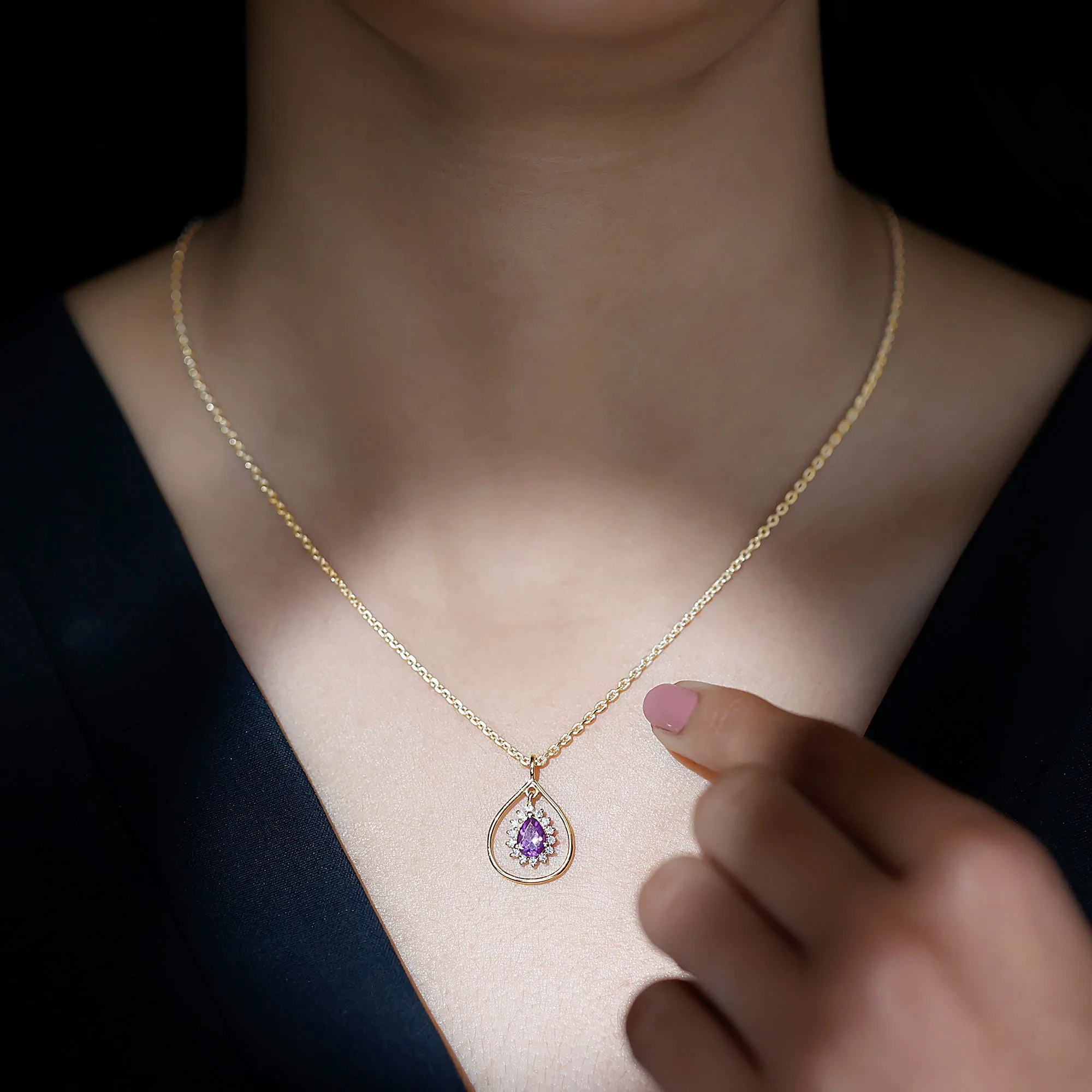 1.25 CT Natural Amethyst and Diamond Teardrop Pendant Necklace in Gold