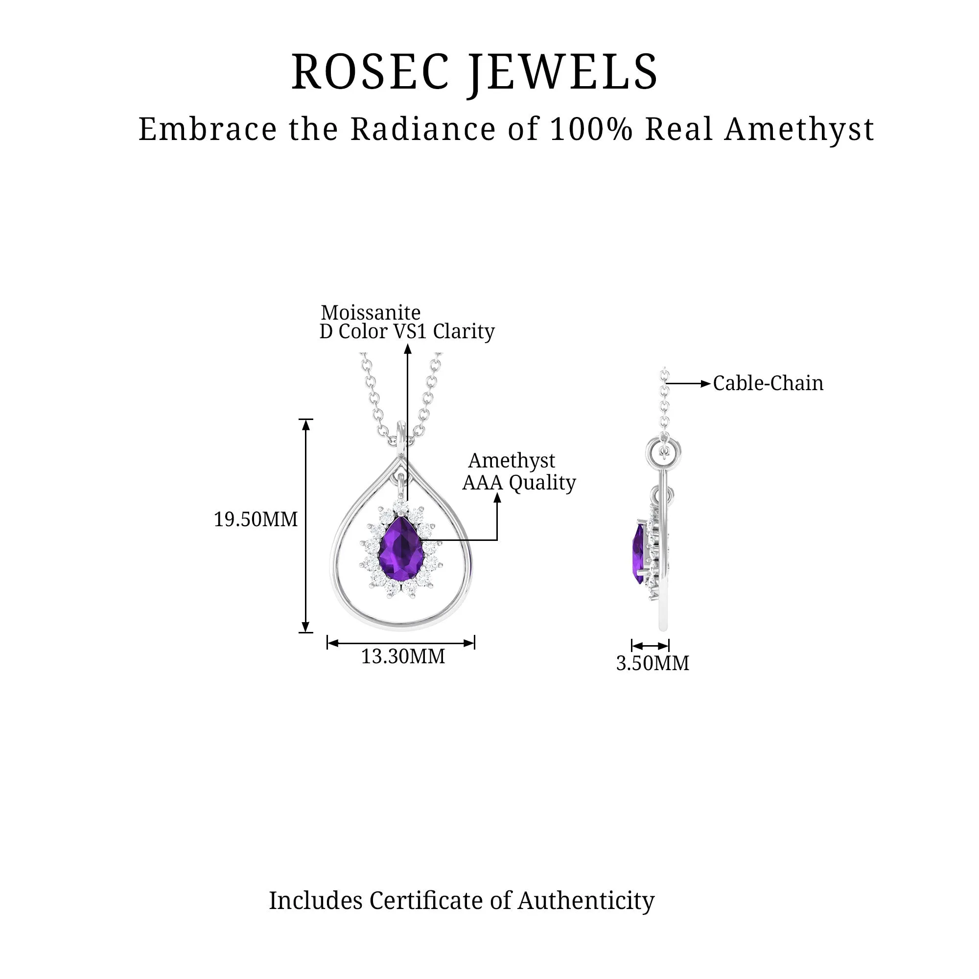 1.25 CT Natural Amethyst and Diamond Teardrop Pendant Necklace in Gold