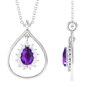 1.25 CT Natural Amethyst and Diamond Teardrop Pendant Necklace in Gold