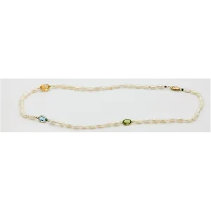 14K Freshwater Pearl with Citrine, Peridot & Aquamarine Necklace, 17" Long