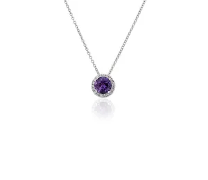 14K W Gold 0.05ctw Diamond 0.35ctw Round Amethyst Halo Pendant