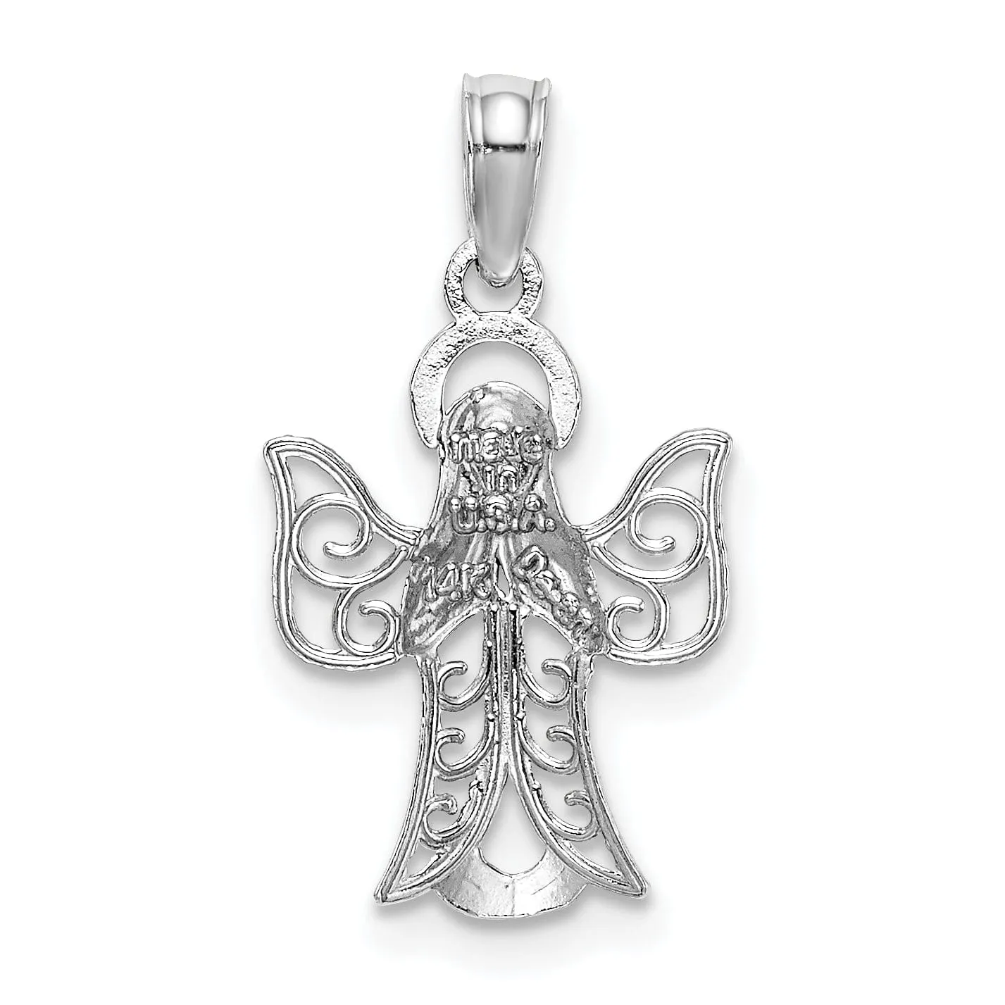 14k White Gold Polished Texture Finish Filigree Praying Angel Pendant