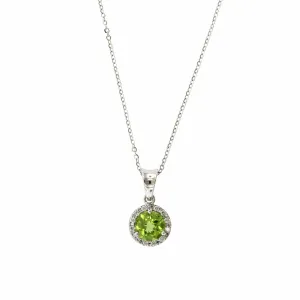 14K White Gold Round Peridot Diamond Halo Necklace