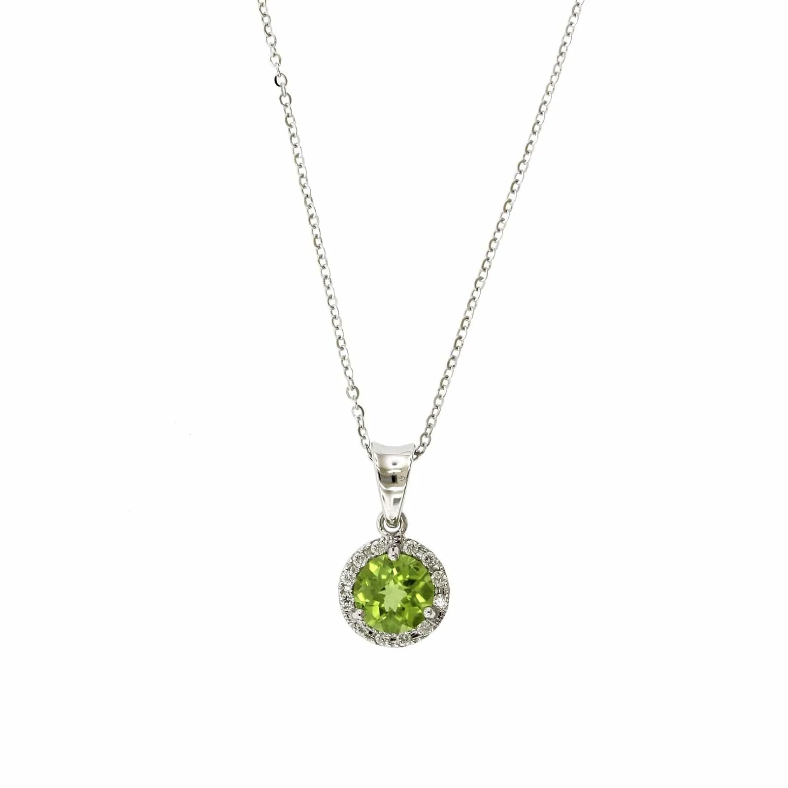 14K White Gold Round Peridot Diamond Halo Necklace