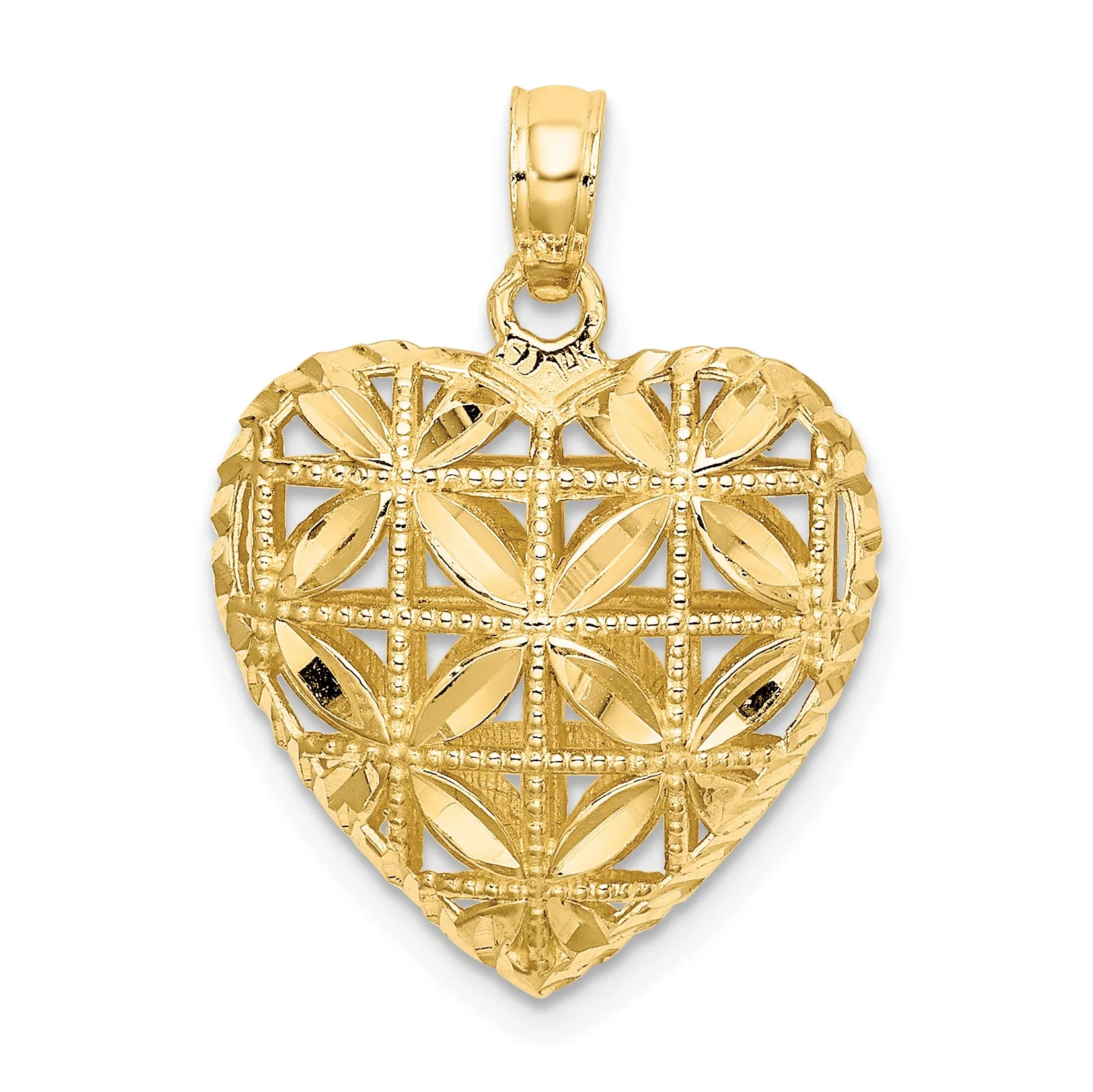 14k Yellow Gold Polished 3-D Filigree Design Puffed Heart Pendant