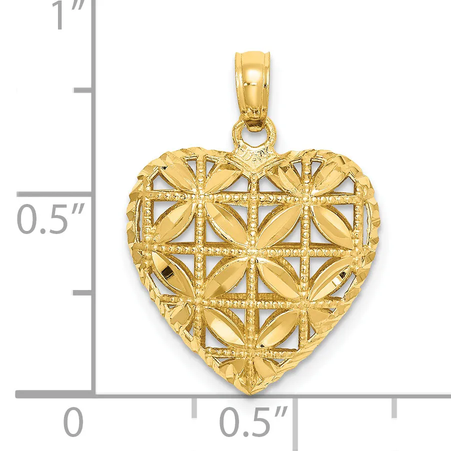 14k Yellow Gold Polished 3-D Filigree Design Puffed Heart Pendant