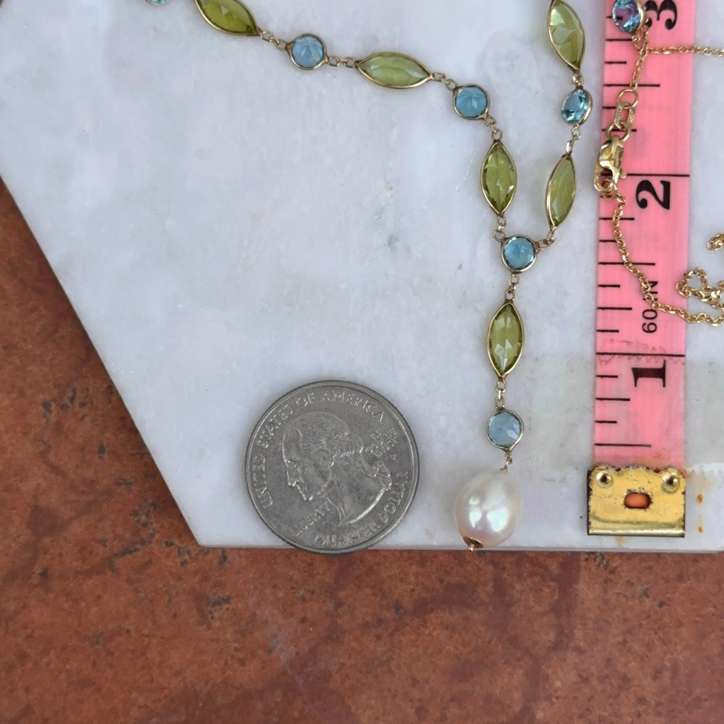 14KT Yellow Gold Topaz, Peridot   Freshwater Pearl Lariat Necklace