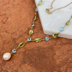 14KT Yellow Gold Topaz, Peridot   Freshwater Pearl Lariat Necklace