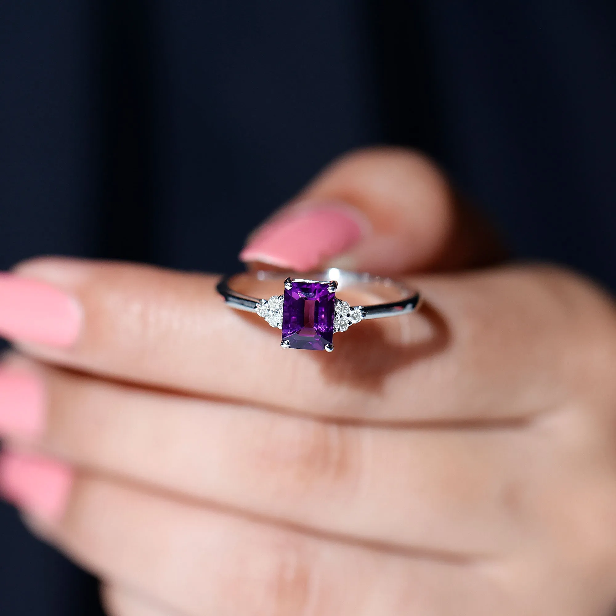 1.5 CT Octagon Cut Amethyst Engagement Ring with Diamond Trio