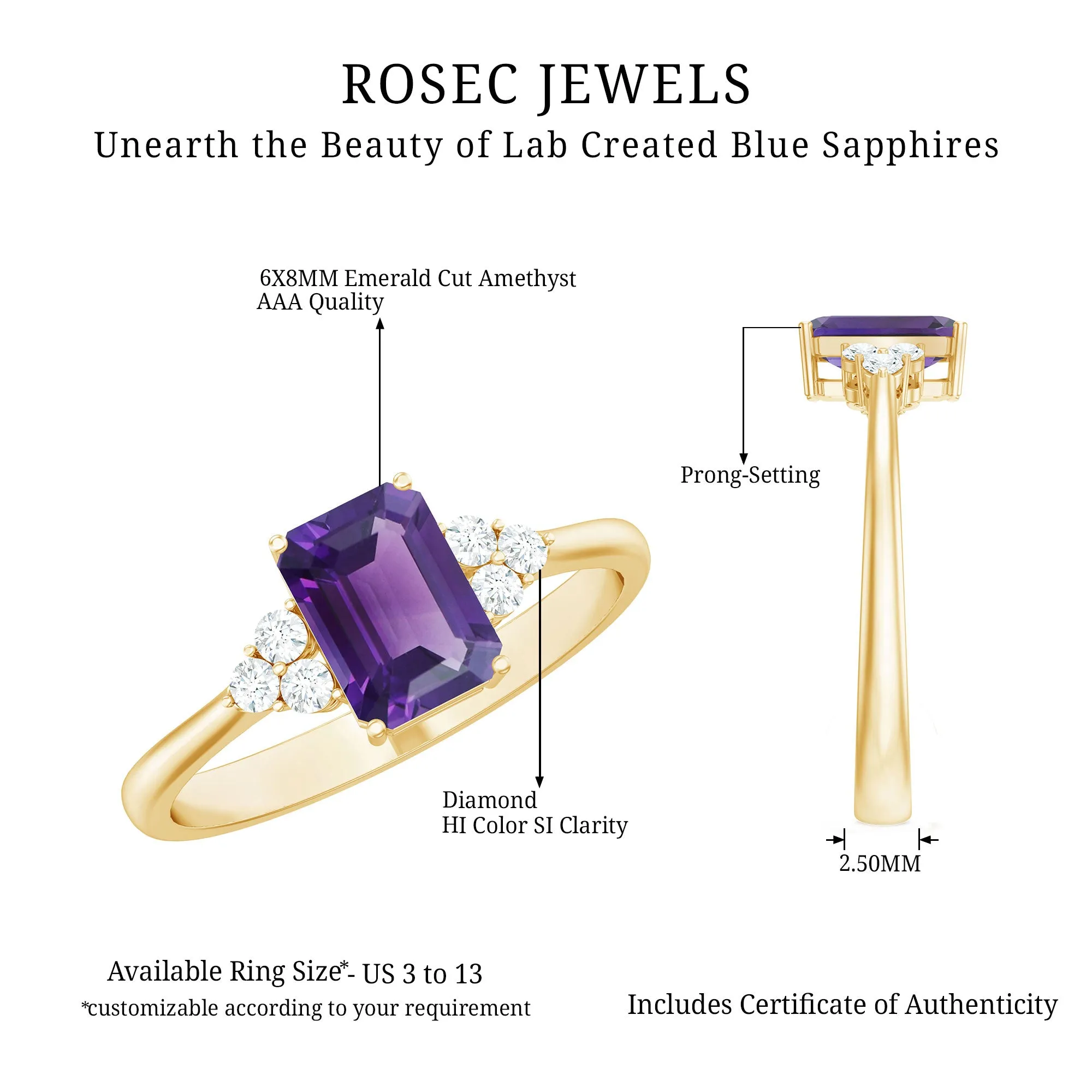 1.5 CT Octagon Cut Amethyst Engagement Ring with Diamond Trio