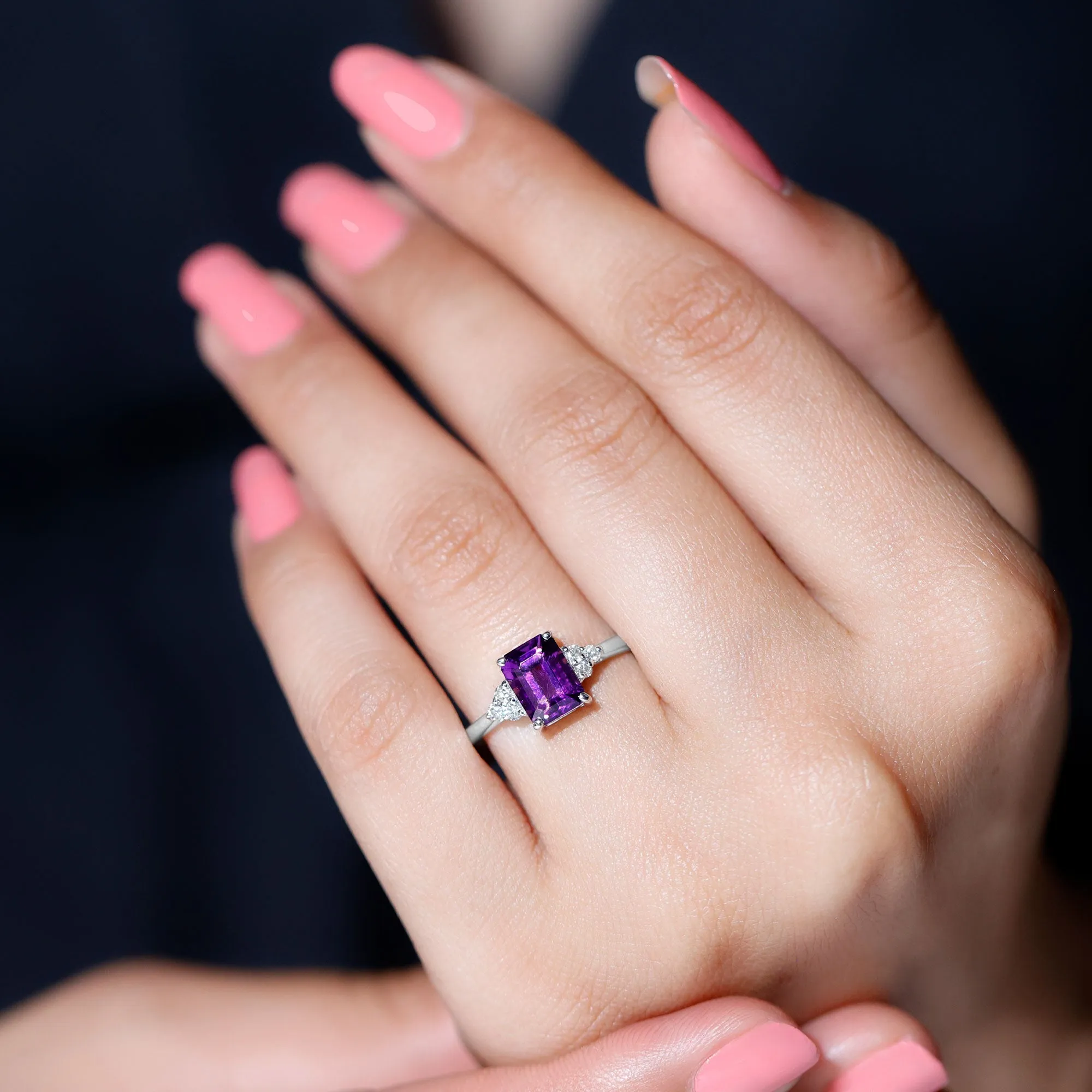 1.5 CT Octagon Cut Amethyst Engagement Ring with Diamond Trio