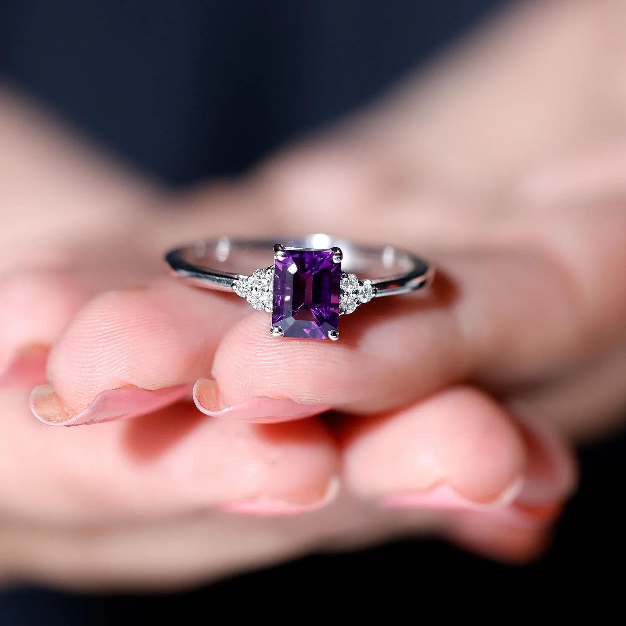 1.5 CT Octagon Cut Amethyst Engagement Ring with Diamond Trio
