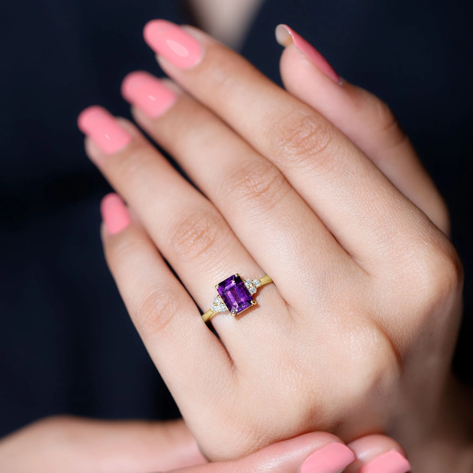 1.5 CT Octagon Cut Amethyst Engagement Ring with Diamond Trio