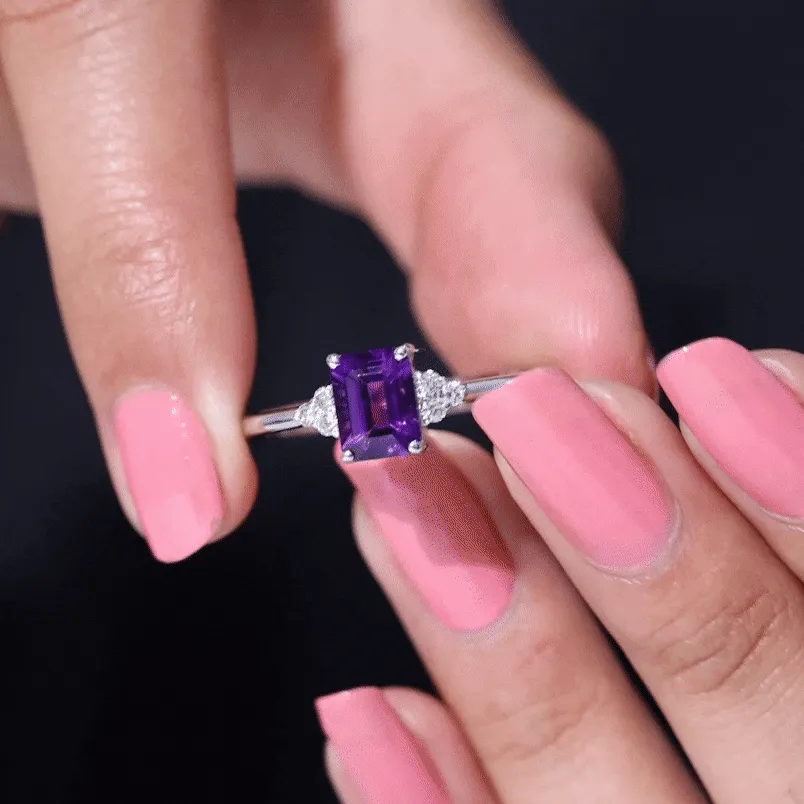 1.5 CT Octagon Cut Amethyst Engagement Ring with Diamond Trio