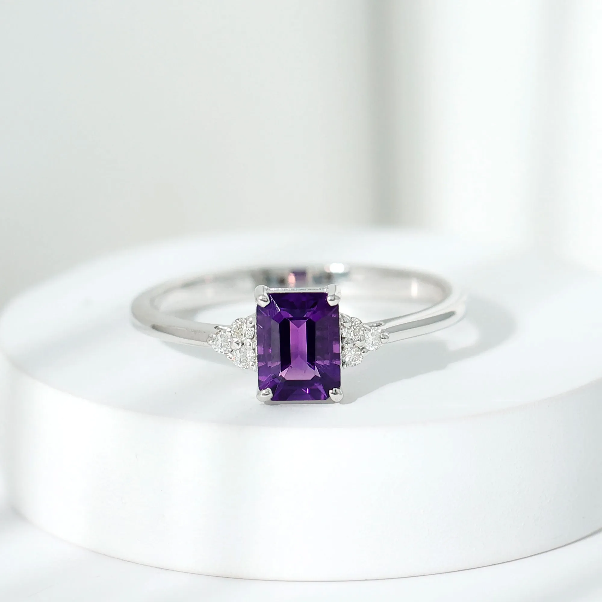 1.5 CT Octagon Cut Amethyst Engagement Ring with Diamond Trio