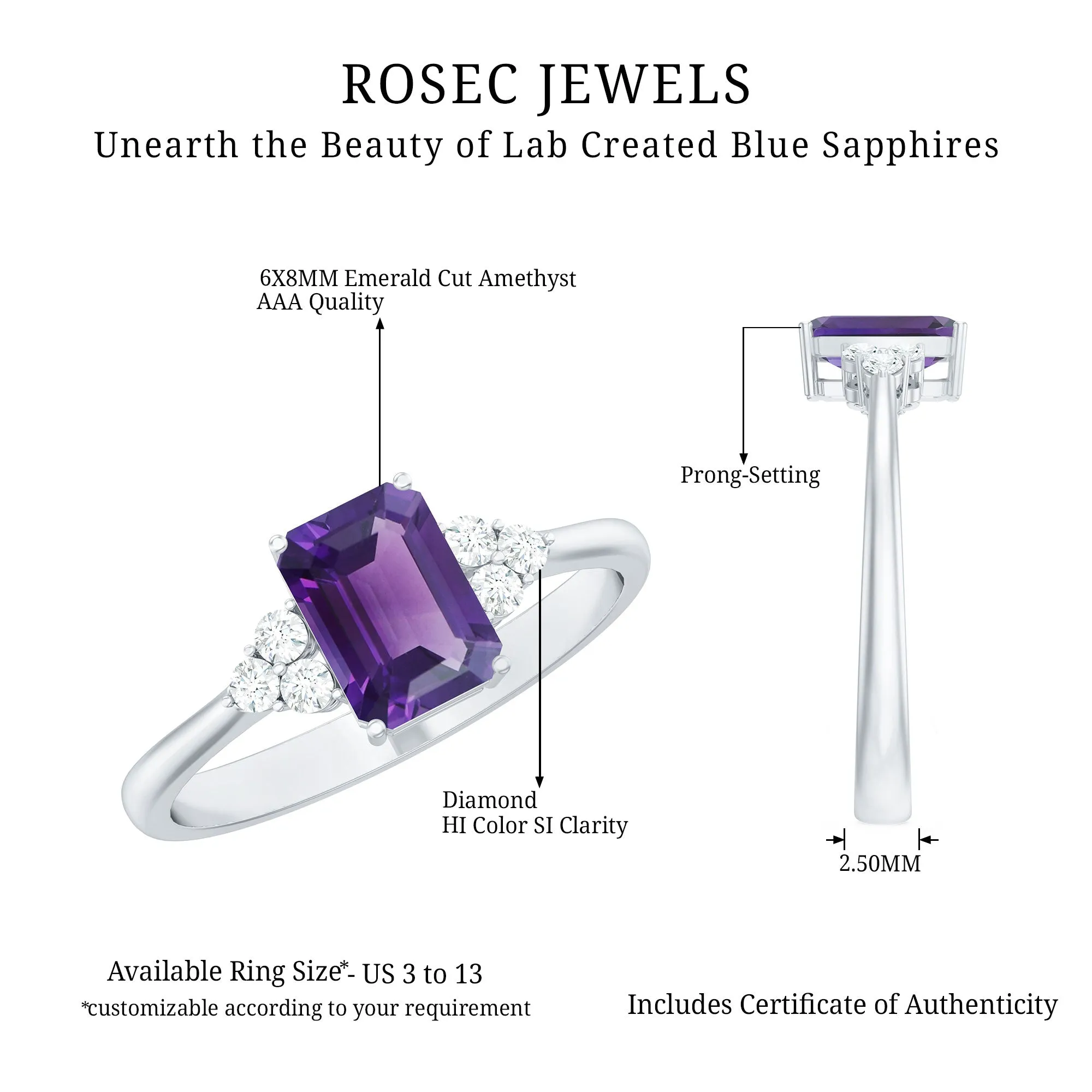 1.5 CT Octagon Cut Amethyst Engagement Ring with Diamond Trio