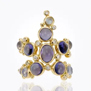 18K Sea Star Ring with Royal Blue Moonstone, tanzanite and diamond