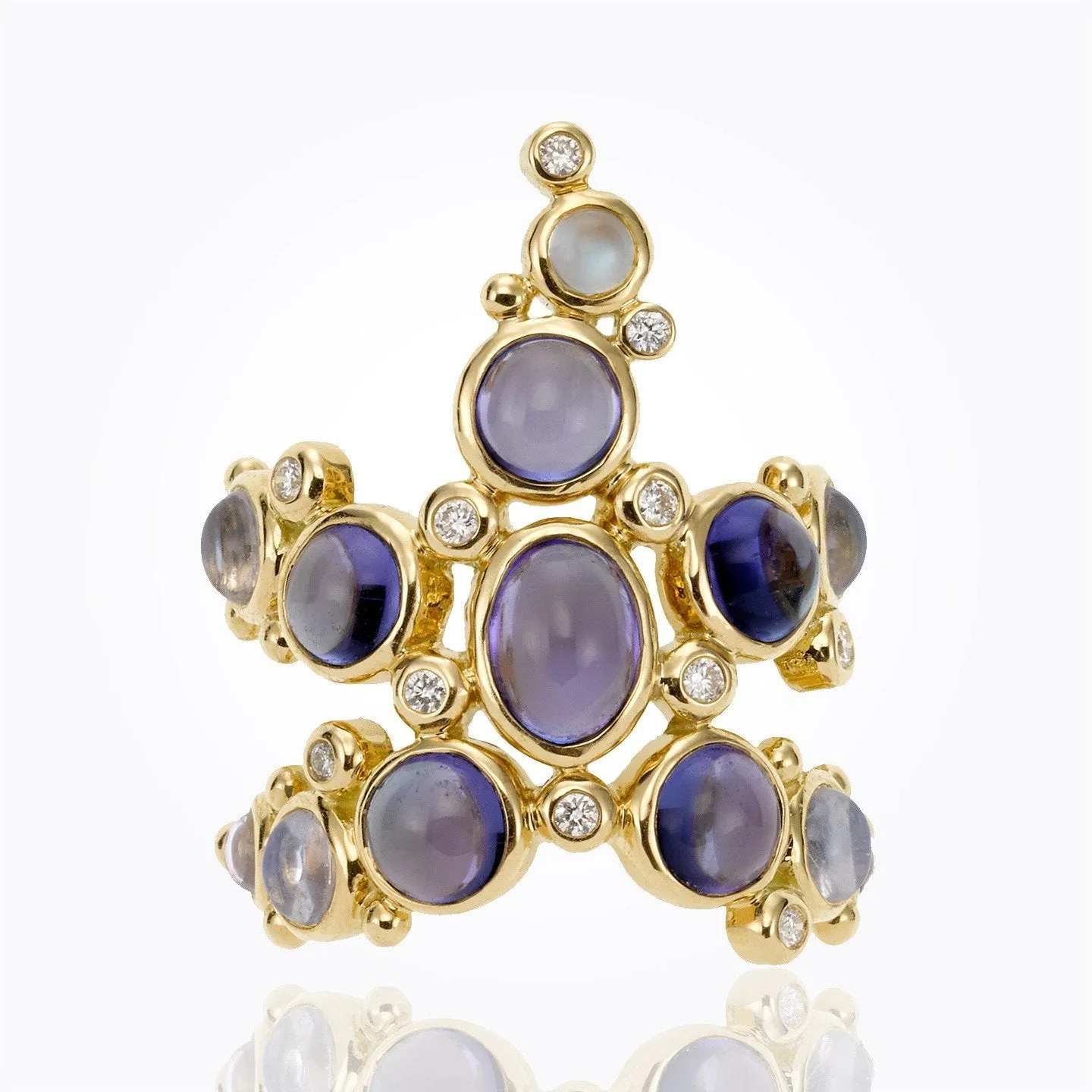 18K Sea Star Ring with Royal Blue Moonstone, tanzanite and diamond