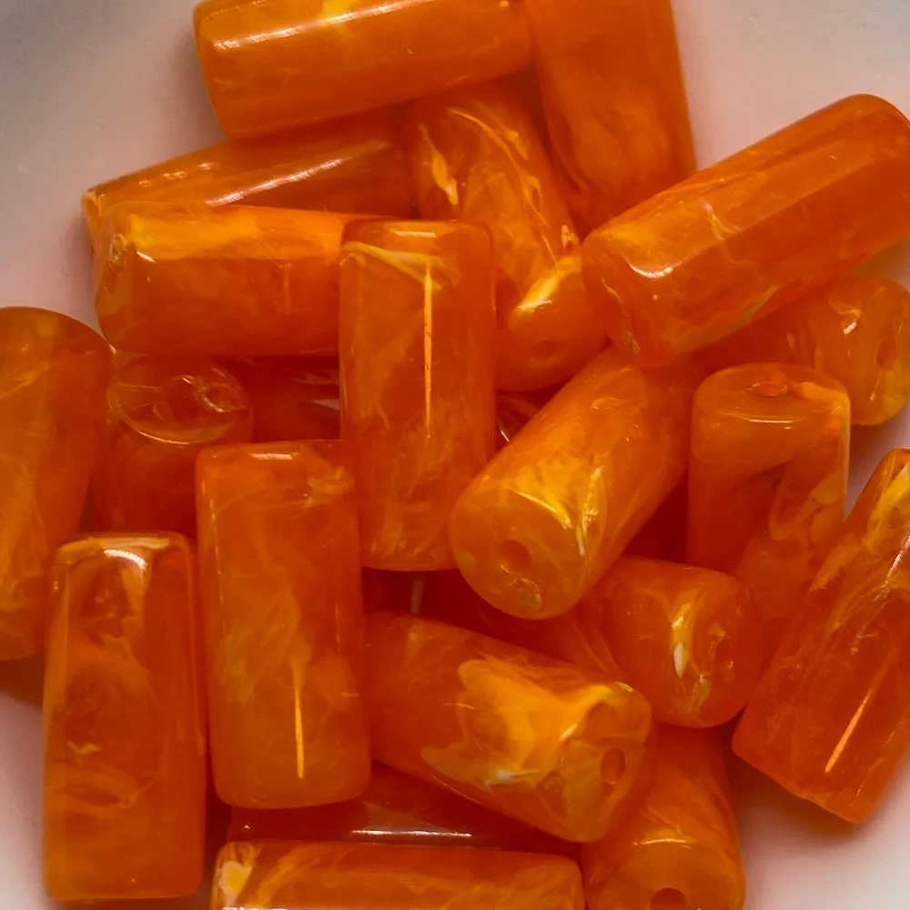 18x8mm Tube (10) - Orange - Vintage Opaque Marbled Effect Beads