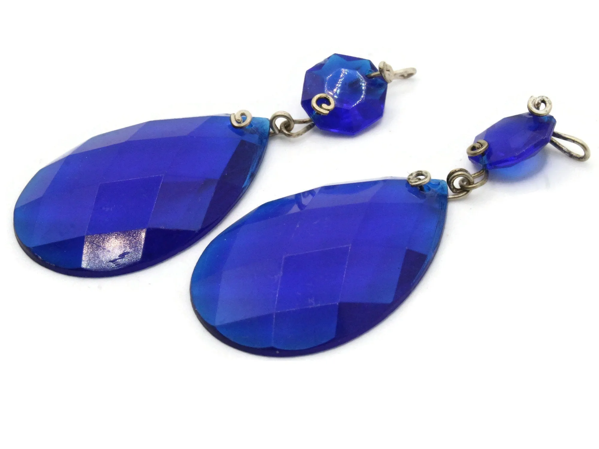 2 64mm Clear Blue Vintage Plastic Drop Teardrop Pendant - Chandelier Dangle
