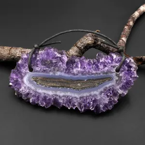 2 Hole Pendant Natural Amethyst Stalactite Flower Pendant Flat Slice Freeform One of a Kind P0139