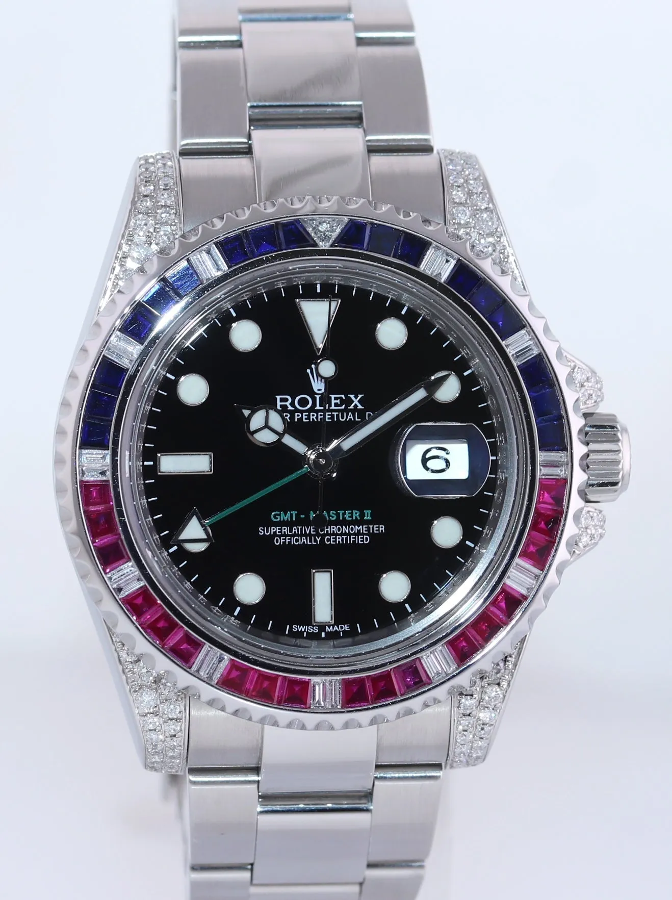 2016 MINT Diamond Ruby & Sapphire Rolex GMT Master II 116710 Steel 40mm Black Watch