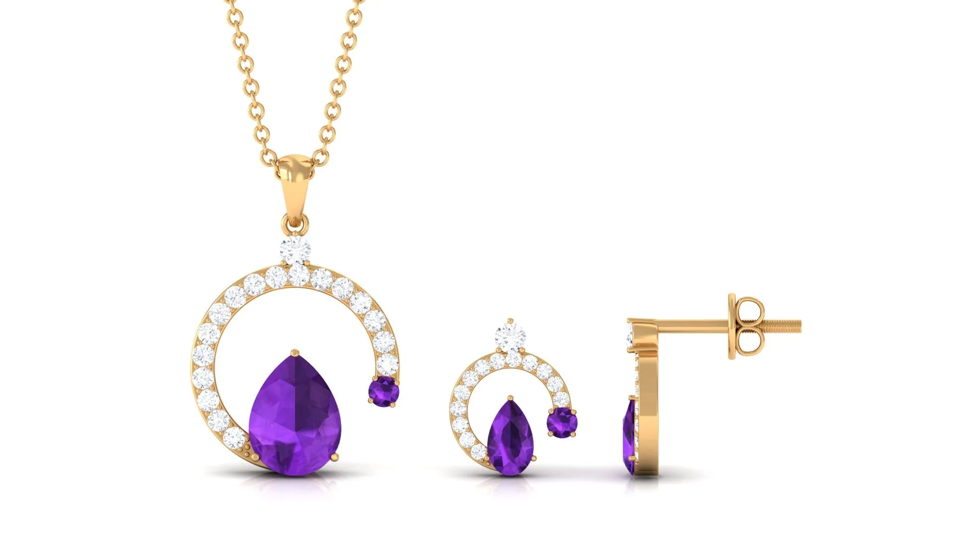 2.25 CT Pear Cut Amethyst and Moissanite Minimal Pendant and Earrings Set