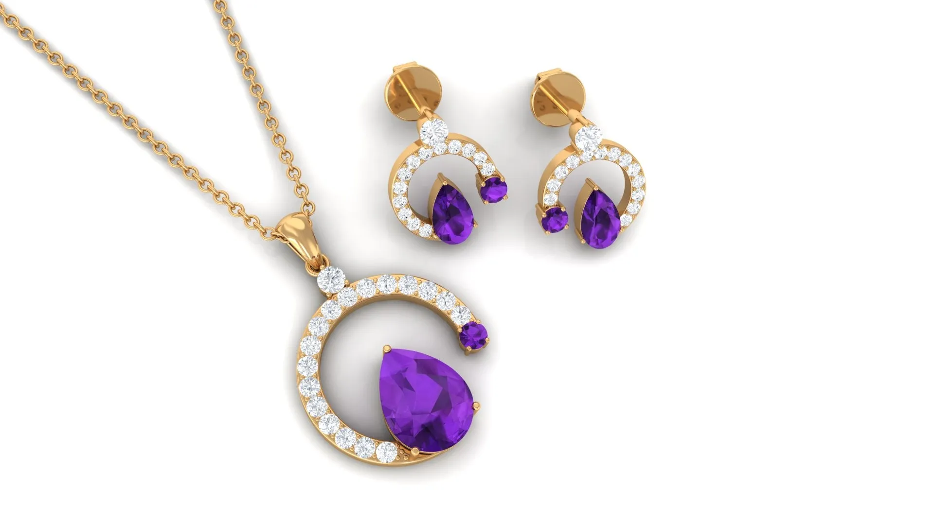 2.25 CT Pear Cut Amethyst and Moissanite Minimal Pendant and Earrings Set