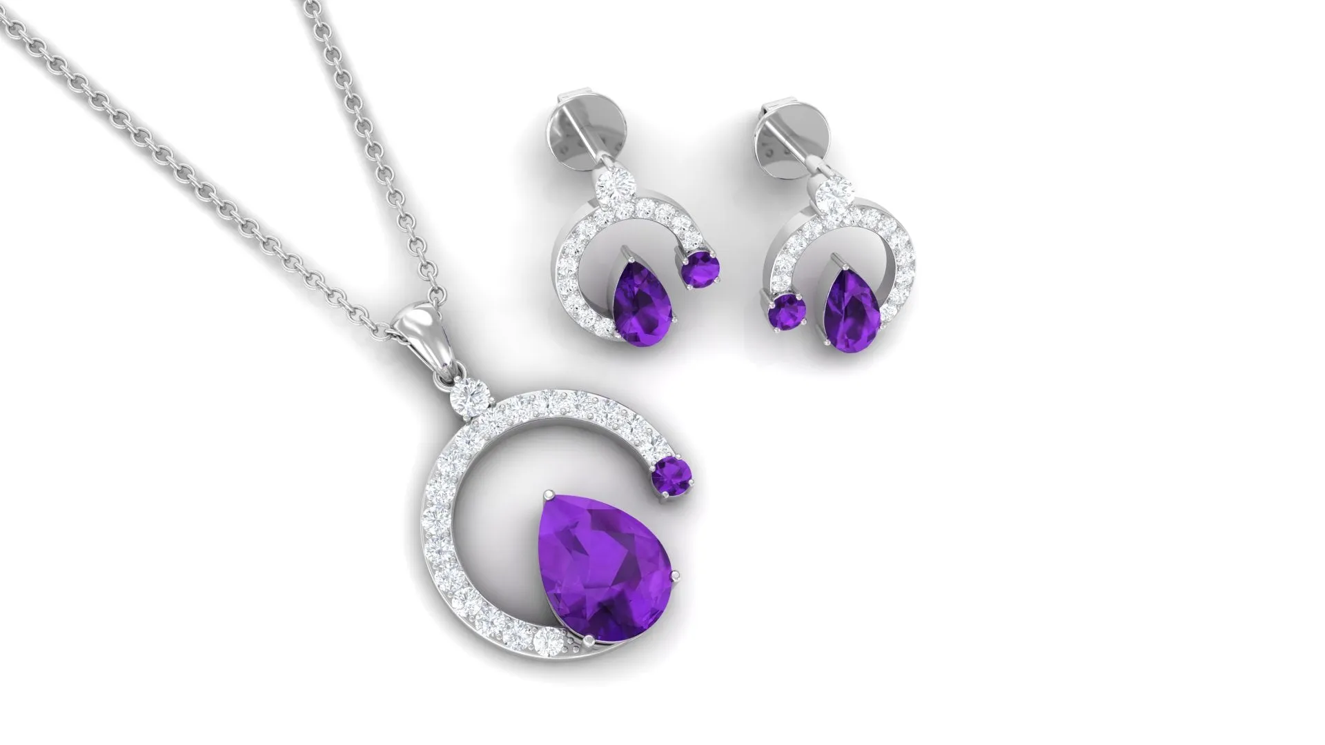 2.25 CT Pear Cut Amethyst and Moissanite Minimal Pendant and Earrings Set
