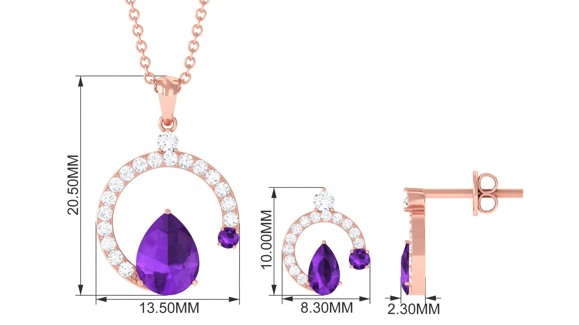 2.25 CT Pear Cut Amethyst and Moissanite Minimal Pendant and Earrings Set