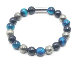 8mm Triple Protection Bracelet for women/men Genuine Gemstone Bracelet - Black Tourmaline - Aqua Blue Tiger Eye - Pyrite Strong Magnet Clasp