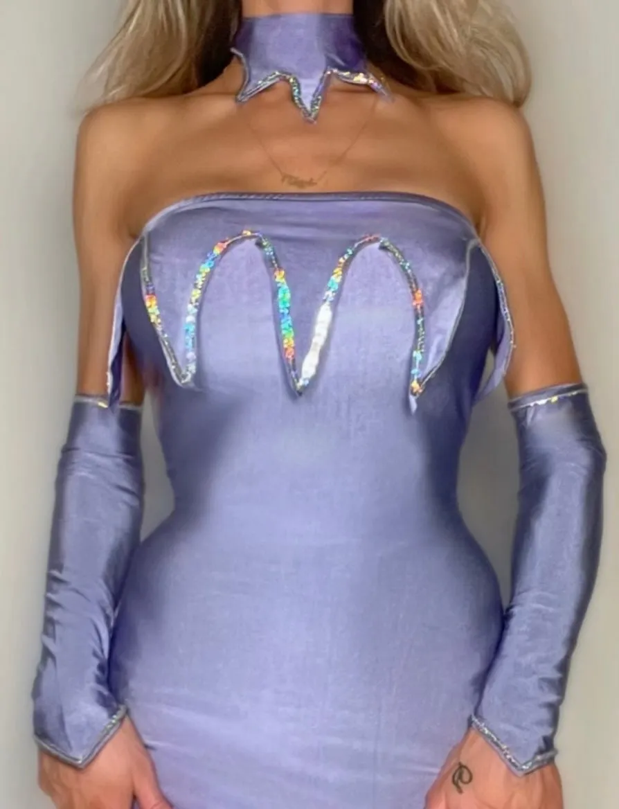 90s Small Coquette Lilac Fairy Embellished Bodycon Mini Dress 4-Piece Costume Set – Rare Vintage