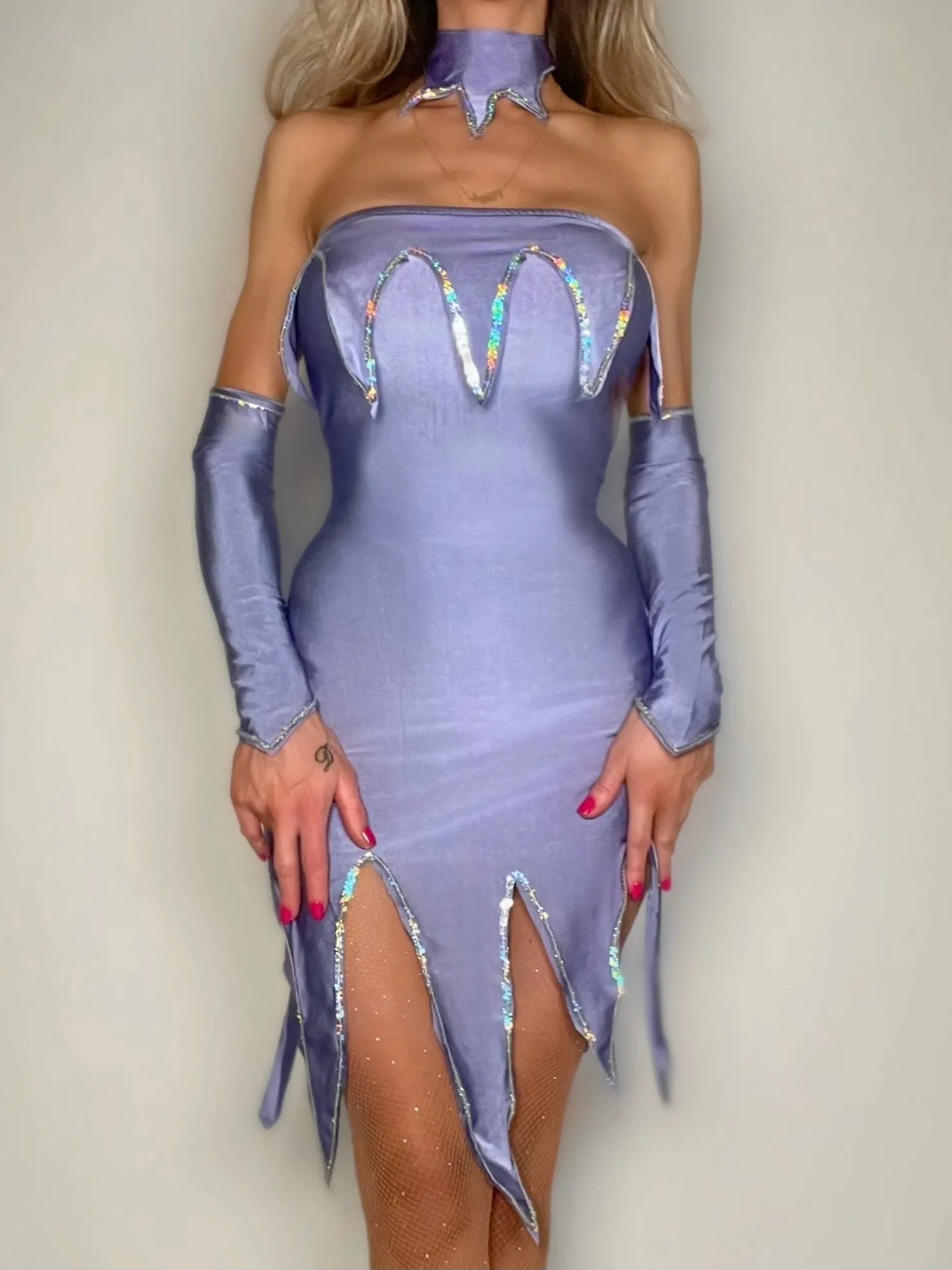 90s Small Coquette Lilac Fairy Embellished Bodycon Mini Dress 4-Piece Costume Set – Rare Vintage