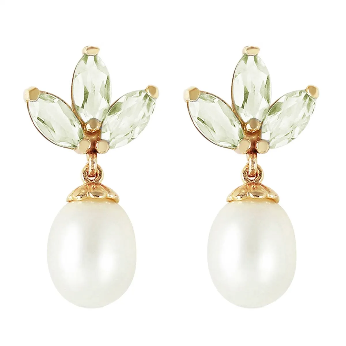 9.5 Carat 14K Solid Yellow Gold Dangling Earrings Pearl Green Amethyst