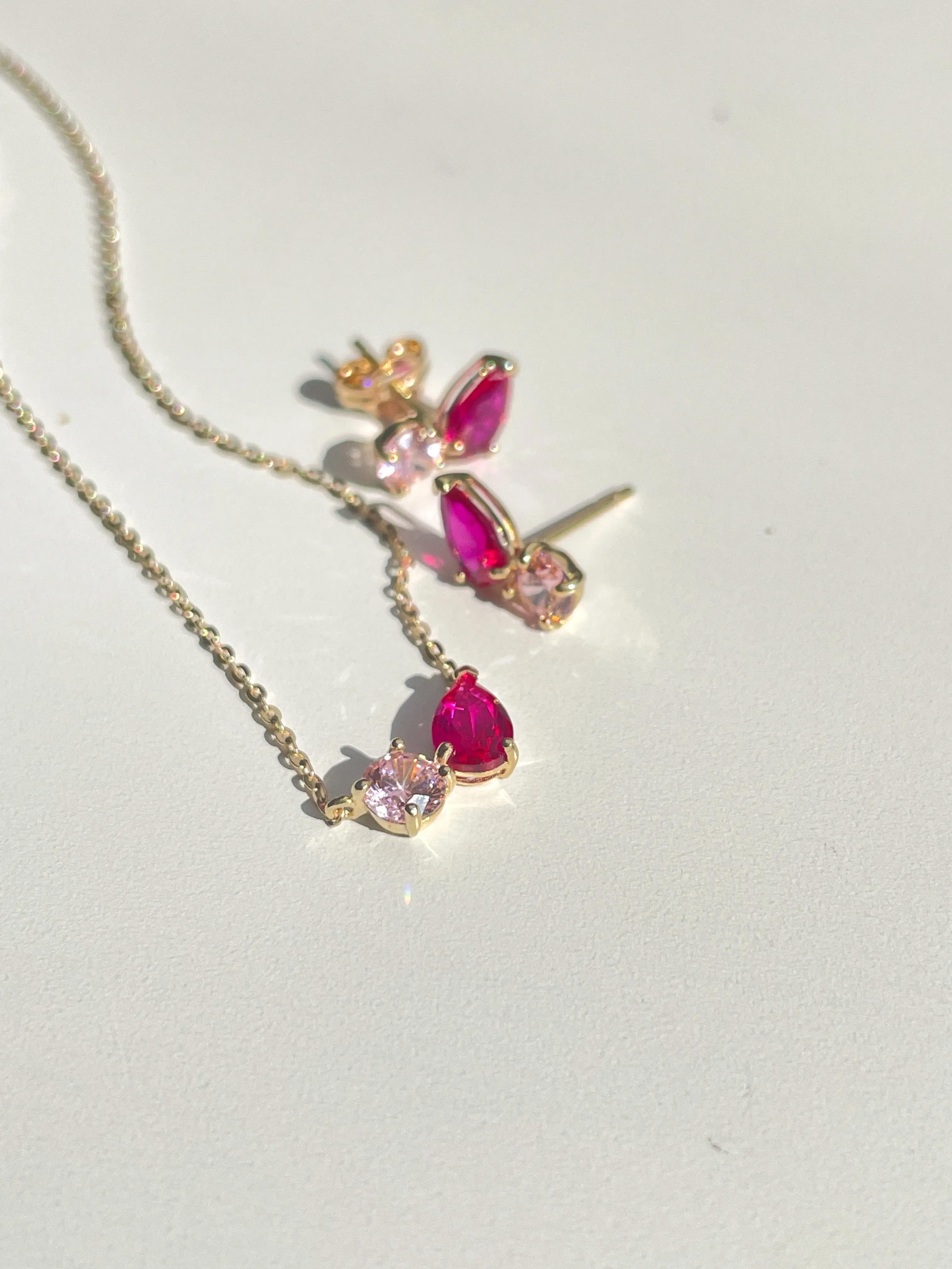 9ct Yellow Gold Toi Et Moi Ruby And Pink Cz Earrings